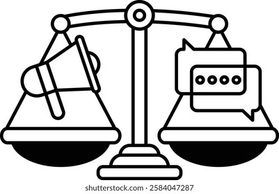 A scale with a microphone on one side and a speech bubble on the other. The microphone is positioned on the left side of the scale