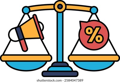 A scale with a microphone on one side and a red percentage sign on the other. The scale is balanced, but the microphone is louder than the percentage sign