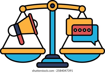 A scale with a microphone on one side and a speech bubble on the other. The scale is balanced, but the microphone is larger than the speech bubble