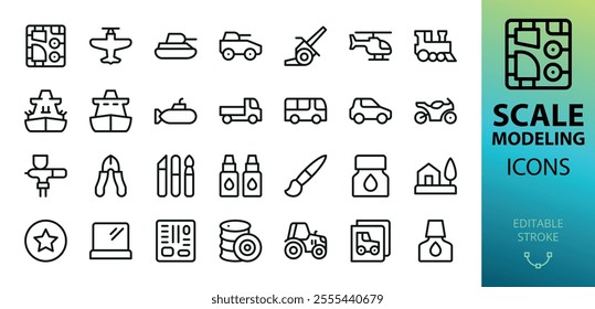 Scale modeling isolated icons. Set of plastic model kit, sprue, historic scale models of tank, airplane, artillery, train, battle ship, transport, aerograph, diorama, paints, tools vector icon