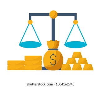 scale money bag gold bars and coins