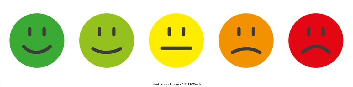 Scale Of Mood With Emoticons. Angry To Happy. Smiles On Mood Tracker For Checking Mental Disorders Like. Sad And Happy Feelings. Vote Scale Symbol Set. Vector Illustration. 