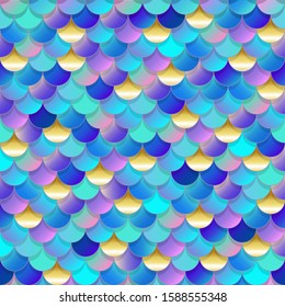 Scale ornament in blues colors for Mermaid tale. Vector seamless pattern