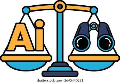 A scale with a pair of binoculars on it. The scale is balanced with the word AI on one side and the word AI on the other side