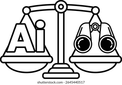 A scale with a pair of binoculars on it. The scale is balanced with the word AI on one side and the word AI on the other side