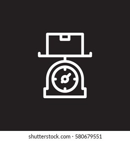 Scale, parcel weighing line icon, outline vector sign, linear white pictogram isolated on black. Symbol, logo illustration