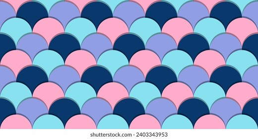Scale Pattern Pink, Blue and Purple with Shadow. Squama Ornament Background Repeat. Decorative Geometric Wave Backdrop.