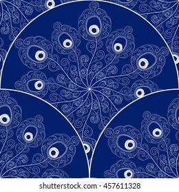Scale pattern vector seamless with peacock feathers hat. Blue white asian ornament. Oriental background for card, web design, wrapping paper, wedding invitation, flyer and banner.
