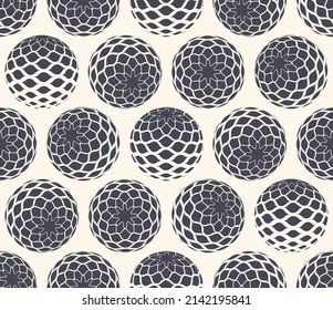 Scale Patterned Balls In Different Positions Psychedelic Art Seamless Abstract Vector Black White Background. Freaky Acid Trip Crazy Tileable Wallpaper. Weird Spheres Hypnotic Abstraction Illustration