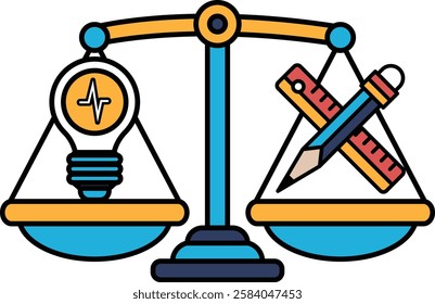 A scale with a pencil and a light bulb on it. The pencil is on the right side of the scale and the light bulb is on the left side