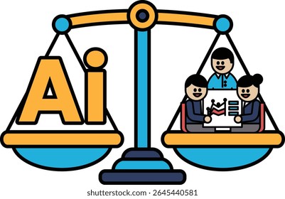 A scale with a person on each side of the scale. The person on the left side of the scale is holding a paper with the word AI on it