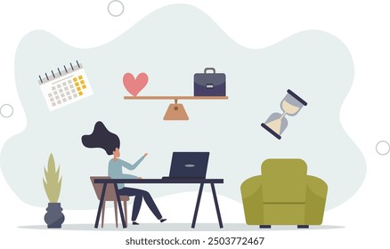 Scale with pros and cons for working from home and office or private life with relationship balance .flat design with people.