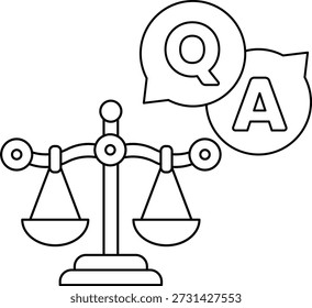 A scale with a question mark and an A above it. The scale is a symbol of balance and fairness, while the question mark and A represent curiosity and the search for knowledge