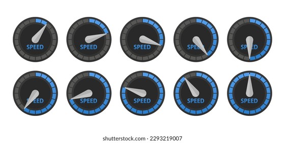 Scale risk meter. indicators speedometer. Satisfaction sign. Fast and slow download of speedometers, speed test. Set of speed performance gauges. Gas tank gauge. Oil level bar. Vector illustration
