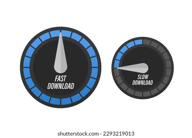 Skalierbare Risikomessgerät. Anzeiger-Tachometer. Zeichen der Zufriedenheit. Schneller und langsamer Download von Geschwindigkeitsmessern, Schnelltest. Vektorgrafik