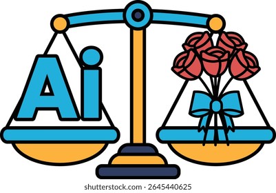A scale with a rose bouquet on one side and the letters AI on the other. The scale is balanced, but the roses on the right side are heavier than the letters on the left side