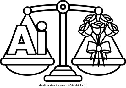 A scale with a rose bouquet on one side and the letters AI on the other. The scale is balanced, but the roses on the right side are heavier than the letters on the left side