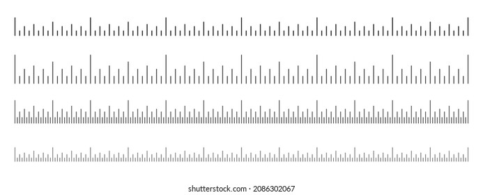 Scale of ruler set. Horizontal measuring chart with inches markup. Distance, height or length measurement math or sewing tool. Vector graphic illustration.