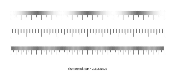 Scale of ruler set. Horizontal measuring chart with centimeters and millimeters markup. Distance, height or length measurement tool isolated on white background. Vector graphic illustration