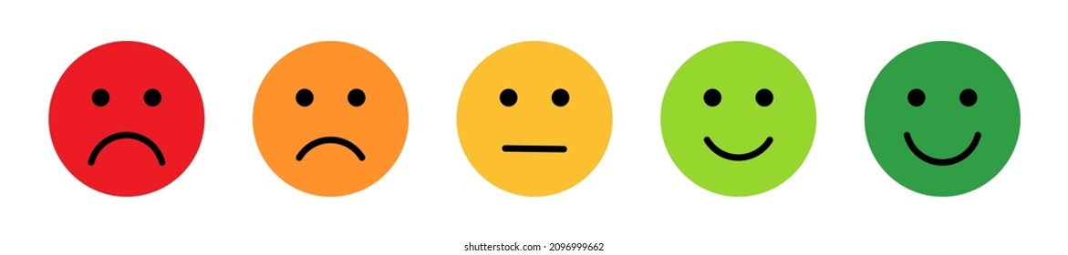 Scale Of Satisfaction, Mood Faces, Happy. Survey, Customer Emotion Feedback. Vector Emoji Bad, Sad, Angry And Good Smile Rating Icons. Flat Positive Green, Negative Red Emoticons Of Evaluation Level.