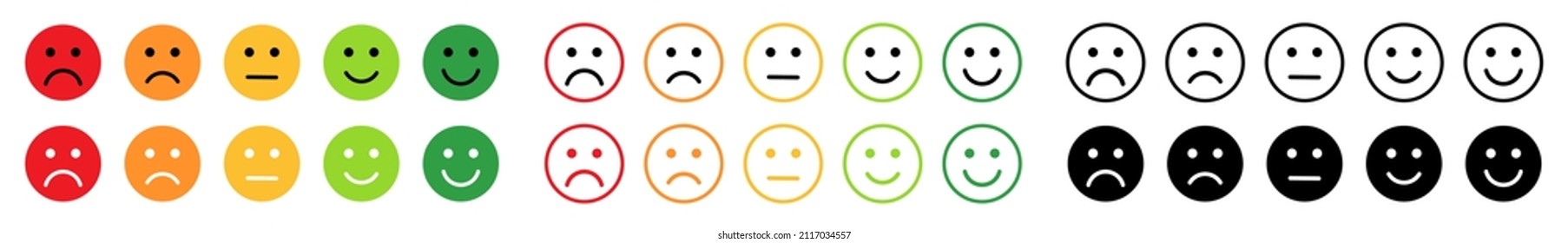 Scale of satisfaction, mood faces, happy. Survey, customer emotion feedback. Vector emoji bad, sad, angry and good smile rating icons. Flat positive green, negative red emoticons of evaluation level.