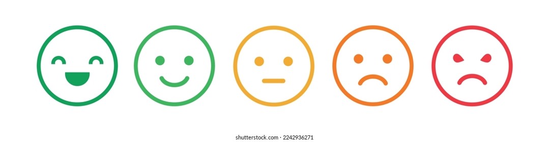 Scale of satisfaction, mood faces, happy. Survey, customer emotion feedback. Vector emoji bad, sad, angry and good smile rating icons isolated on white. Vector line icons.