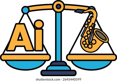 Uma balança com um saxofone de um lado e as letras AI do outro. A balança é equilibrada, com o saxofone à direita e as letras AI à esquerda