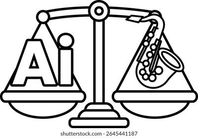 Uma balança com um saxofone de um lado e as letras AI do outro. A balança é equilibrada, com o saxofone à direita e as letras AI à esquerda
