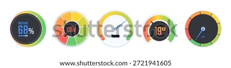 Scale score of speed, levels and meter, tachometer performance and rating. Vector isolated speedometer icon collection. High and low speed status. Gauge dashboard with indicators for measuring