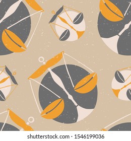 Scale seamless pattern. Сolored scales on a gray shabby background. Libra pattern original design. Vector shabby hand drawn illustration