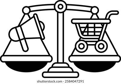 A scale with a shopping cart on one side and a megaphone on the other. The scale is balanced, but the megaphone is larger than the shopping cart