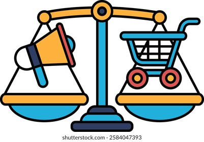 A scale with a shopping cart on one side and a megaphone on the other. The scale is balanced, but the megaphone is much larger than the shopping cart