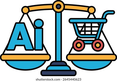 A scale with a shopping cart on one side and the word AI on the other. The scale is balanced, but the shopping cart is heavier than the word AI
