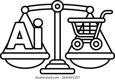A scale with a shopping cart on one side and the word AI on the other. The scale is balanced, but the shopping cart is heavier than the word AI