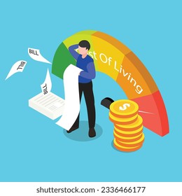 Scale showing high cost of living of stressed businessman holding bills isometric 3d vector illustration concept for banner, website, illustration, landing page, flyer, etc