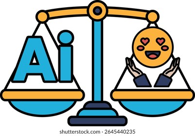 A scale with a smiling face on one side and the letters AI on the other. The smiling face is holding hands and the letters AI are blue