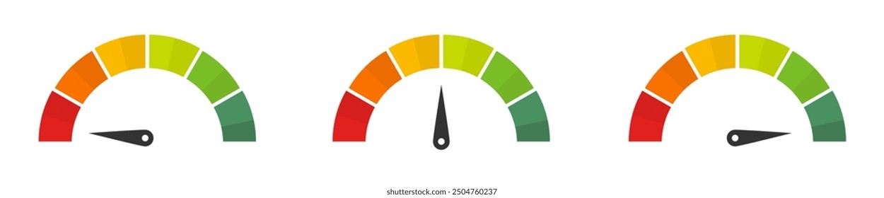 Scale speed in flat style. Colour speedometer set. Vector illustration.