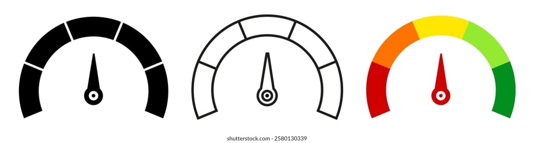 Scale speed valuation icons, customer indicators of satisfaction, power level indicator, progress bar, colour speedometer, tachometer signs, satisfaction barometer, credit rating indicator