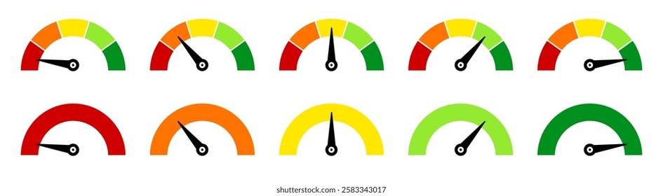 Scale speed valuation set icons, customer indicators of satisfaction, power level indicator, progress bar, colour speedometer, tachometer signs, satisfaction barometer, credit rating indicator