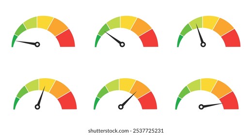 Scale, speedometer, gauge meter icons.  Level of performance. Dashboard with arrows. Speed dial indicator.