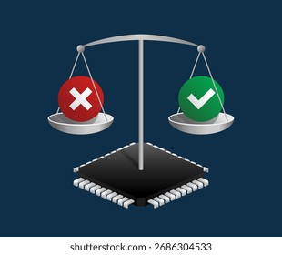 Hay una escala en el chip de IA. La escala es equilibrada, entre el sí y el no. Concepto de inteligencia y la importancia de la IA en nuestras vidas