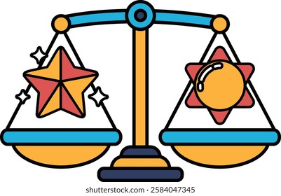 A scale with a star on one side and a sun on the other. The scale is balanced, but the sun is larger than the star