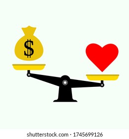 Scale tipping balance between heart (love) and money bag flat vector design / Love is more valuable than money concept vector