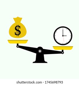 Balanza de balanceo de escala entre el tiempo (reloj) y el diseño de vectores planos de bolsa de dinero / El tiempo es más valioso que el vector de concepto de dinero