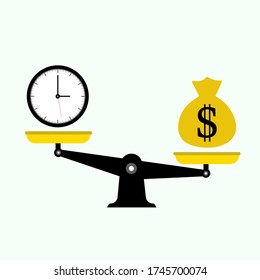 Scale tipping balance between time (clock) and money bag flat vector design / Money is more valuable than time concept vector