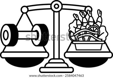 A scale with a tire on one side and a bowl of food on the other. The scale is balanced, but the food on the right side is heavier than the tire on the left side