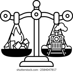 A scale with a train on one side and a pile of coal on the other. The scale is balanced, but the train is much heavier than the pile of coal. This could represent the idea of progress