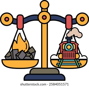 A scale with a train on one side and a pile of coal on the other. The scale is balanced, but the train is much heavier than the pile of coal. This could represent the idea of progress