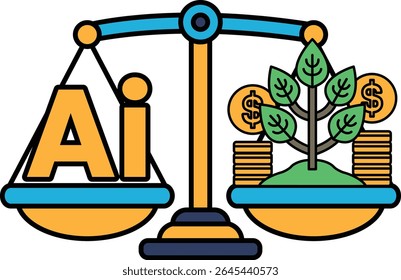 A scale with a tree on the right and the letters AI on the left. The tree represents growth and the scale represents balance