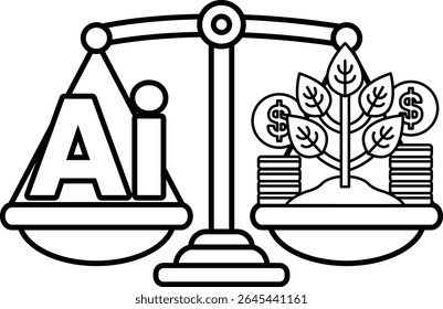 A scale with a tree on the right and the letters AI on the left. The tree represents growth and the scale represents balance
